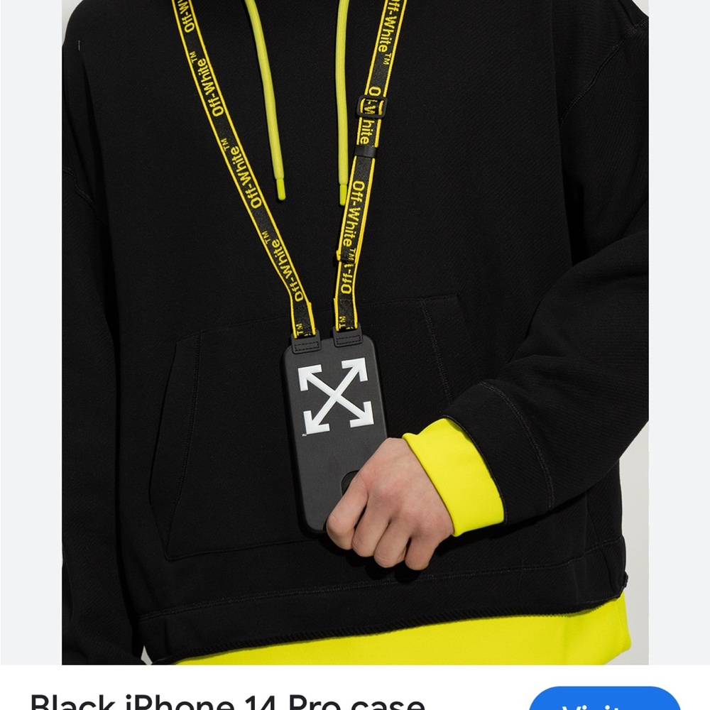 NWT Off-White Virgil Abloh iPhone 14 Pro Black Phone Case with Yellow Strap